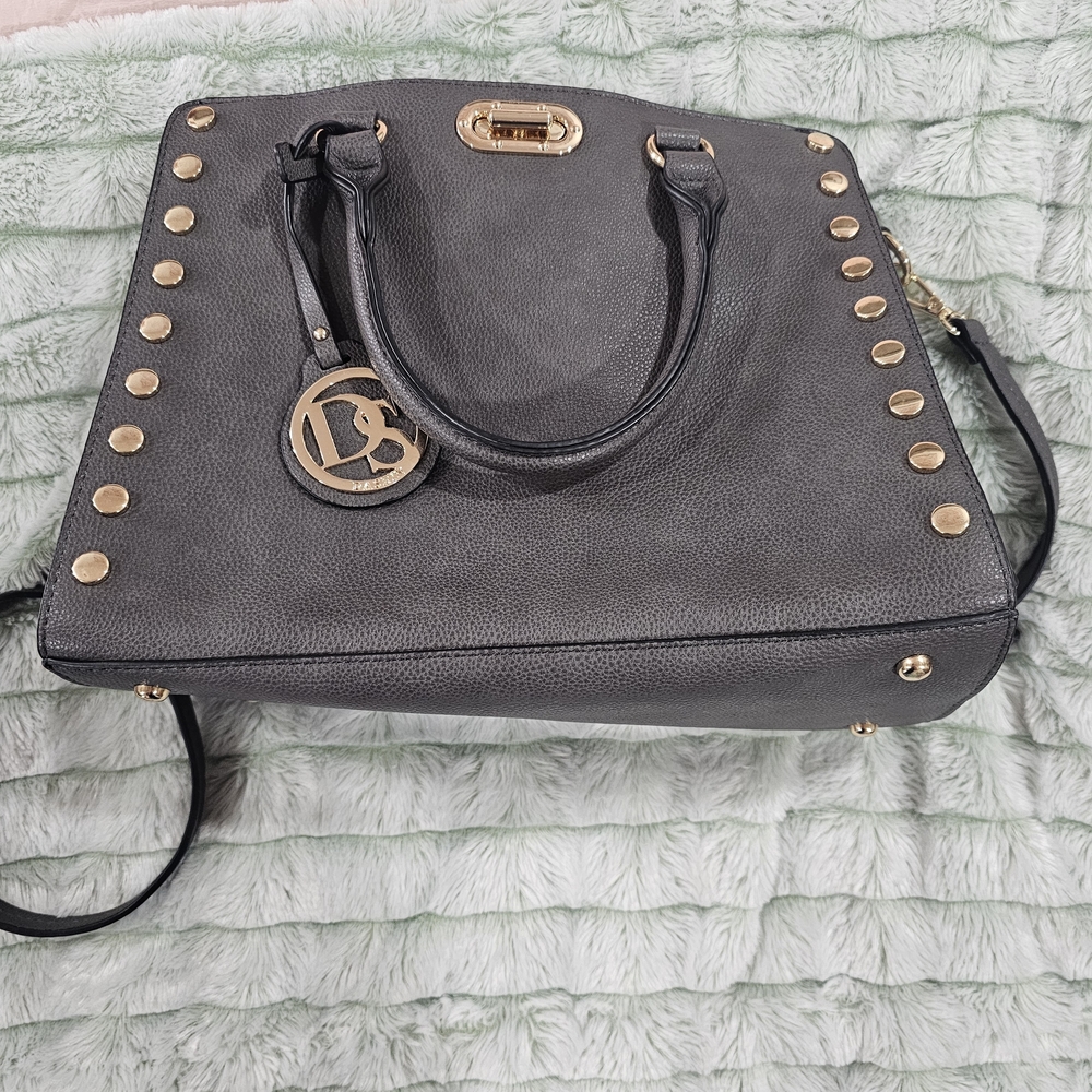Elegant Gray Handbag with Gold Accents